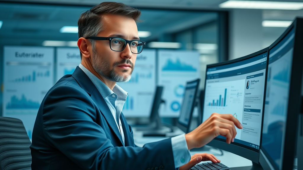 business owner updating their google business profile details for local pack ranking, office, computer screen with organizational charts, blue tones