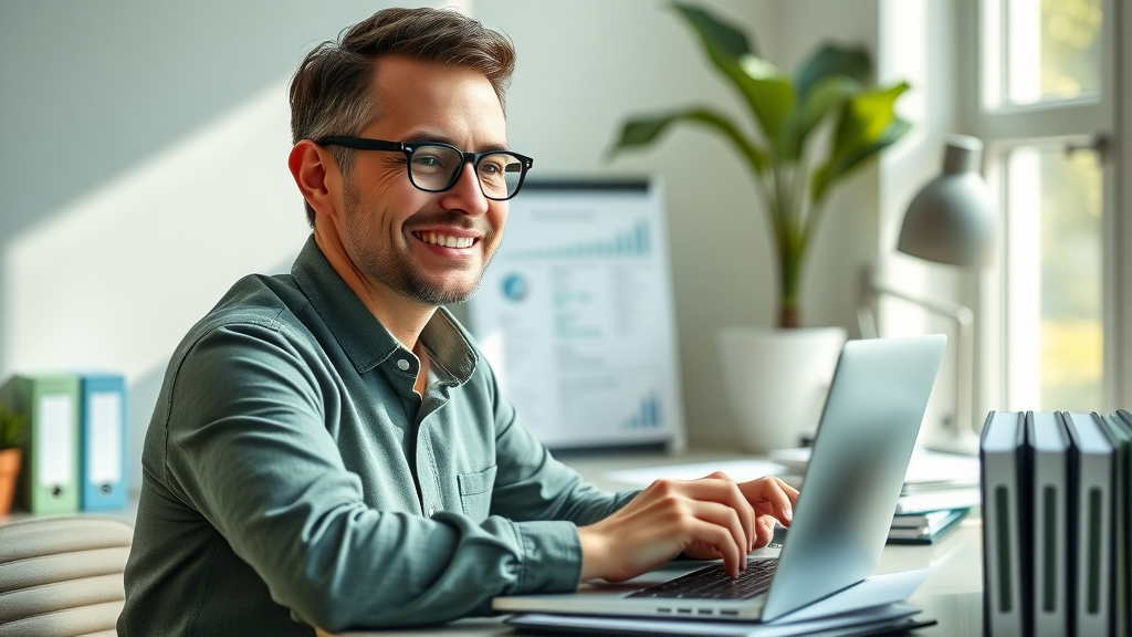 organized entrepreneur managing citations on multiple directories, business info consistency, laptop with business profiles open, home office, green tones