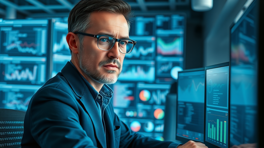 SEO specialist analyzing data on monitor to grow website traffic without paid ads, futuristic analytics, floating keyword maps