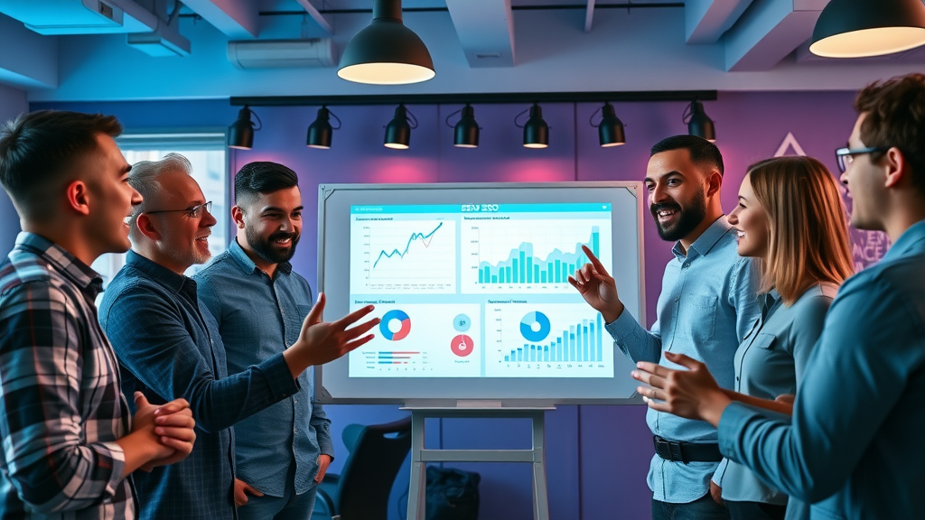 ambitious marketing team strategizing advanced local seo for google local pack, agency office, digital whiteboard, dynamic interaction and creative decor