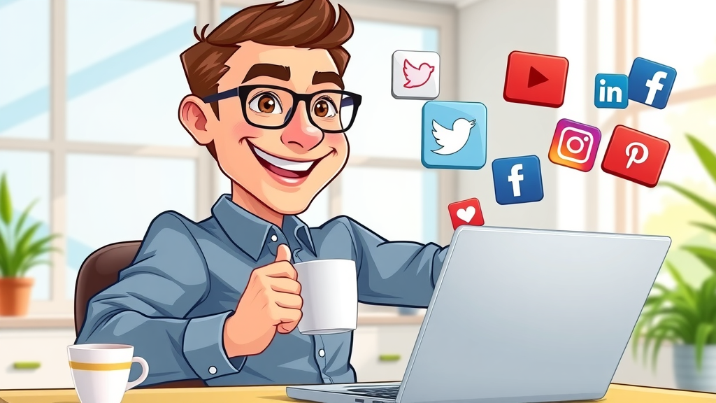 Confident social media marketer managing promotional content for website traffic without paid ads, laptop with social platform logos, bright office scene with floating icons