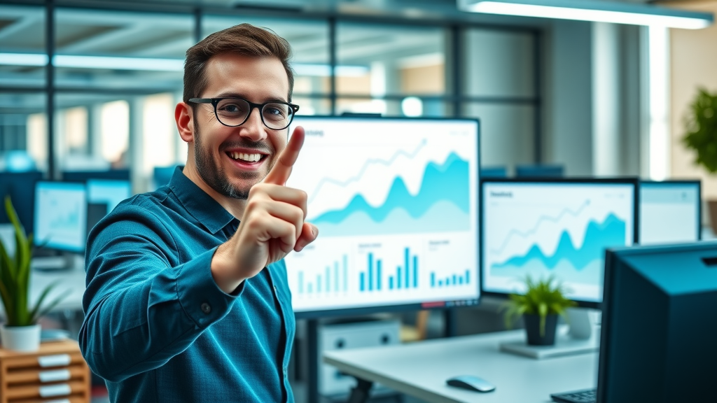 Enthusiastic digital marketer showing website traffic without paid ads growth on dashboard in a modern office with green and blue tones, monitors and potted plants, bright workspace