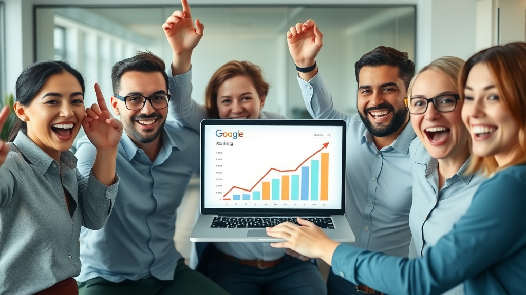 business team celebrating improved google search ranking success, quality content, local reviews, search result