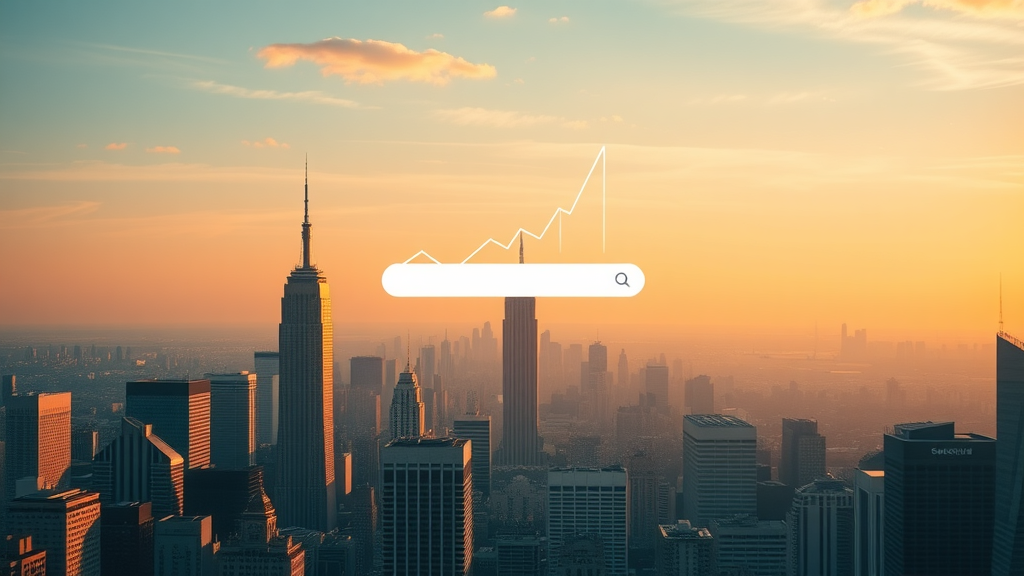 bright search bar above city skyline symbolizing rising organic search rankings and higher placement