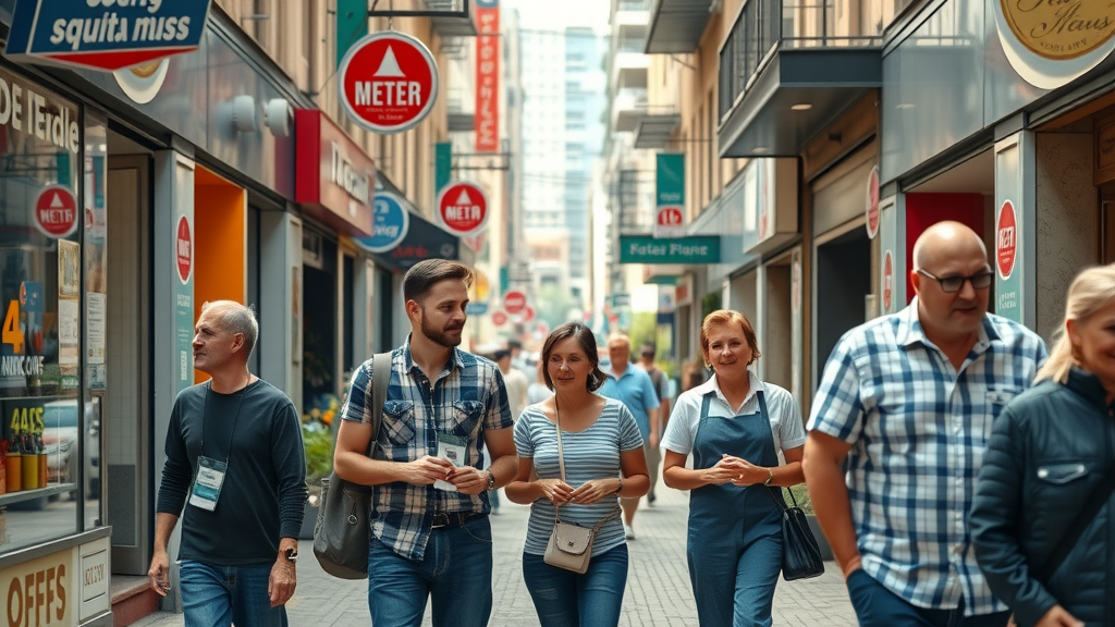 bustling small business district with friendly business owners engaging customers, core update, local ranking, vibrant urban storefronts