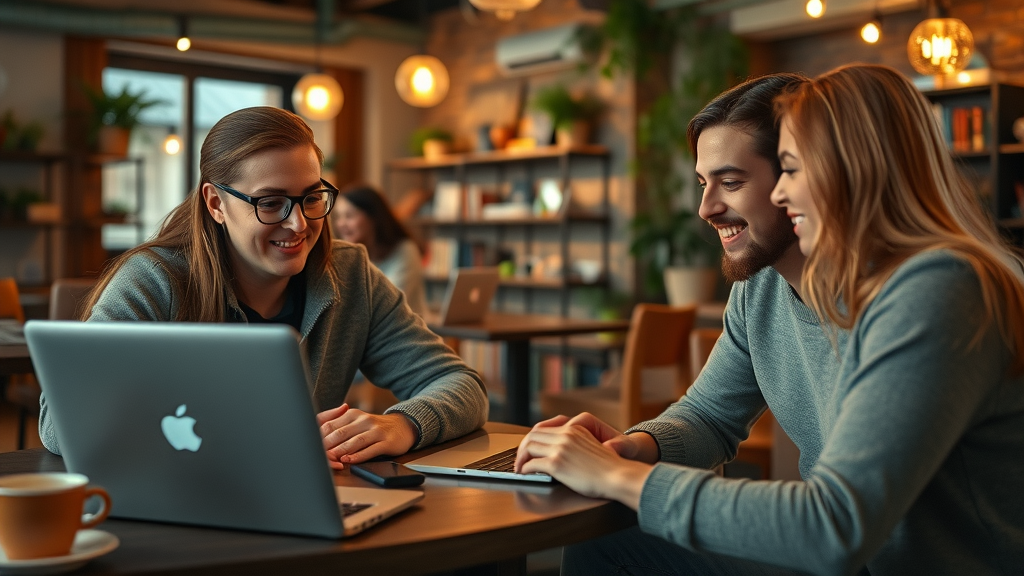 Collaborative bloggers writing guest posts together to boost traffic to your website, cozy coffee shop with lively conversation, laptops, and creative teamwork