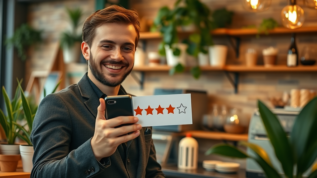 happy customer leaving review for local business, google business profile, 5 star rating, core update