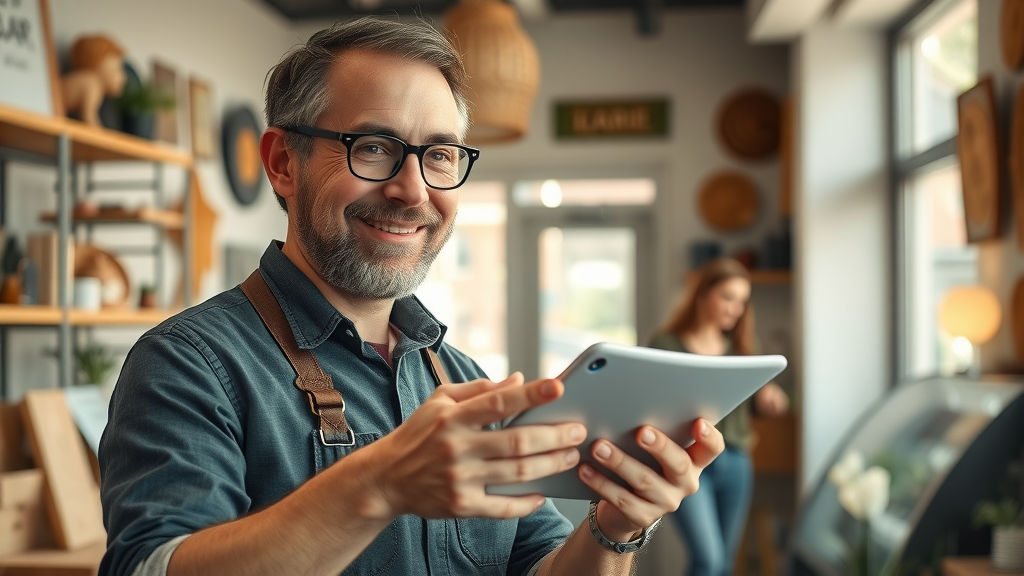 Local business owner updating business info for local SEO to increase website traffic without paid ads, cozy decorated shop, customer entering
