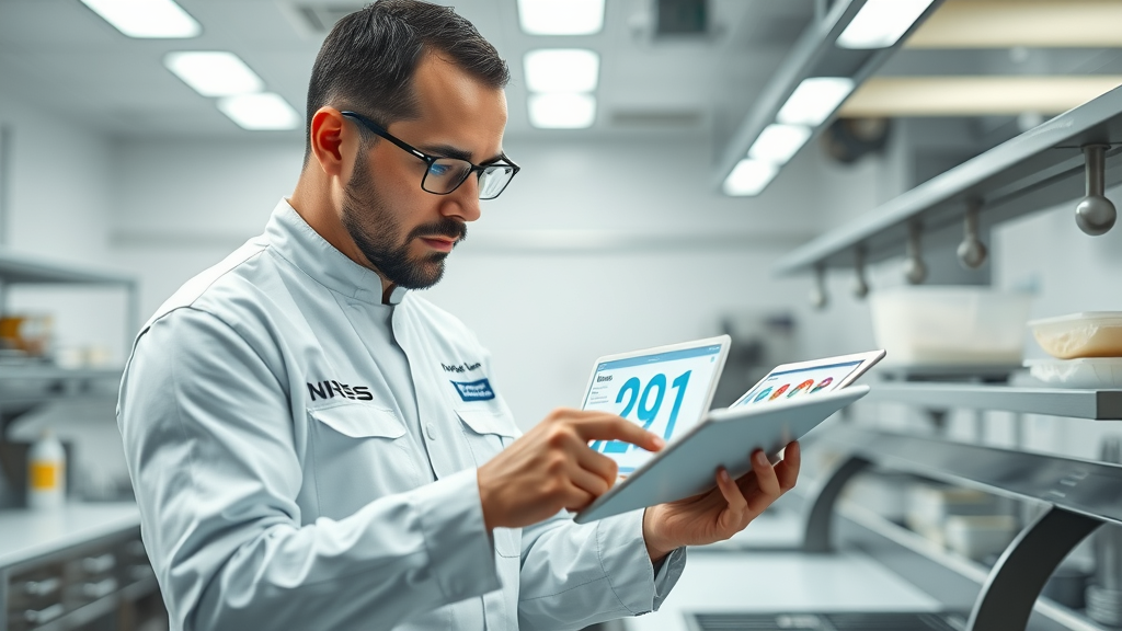 food safety compliance ai used in restaurants inspector with tablet kitchen technology