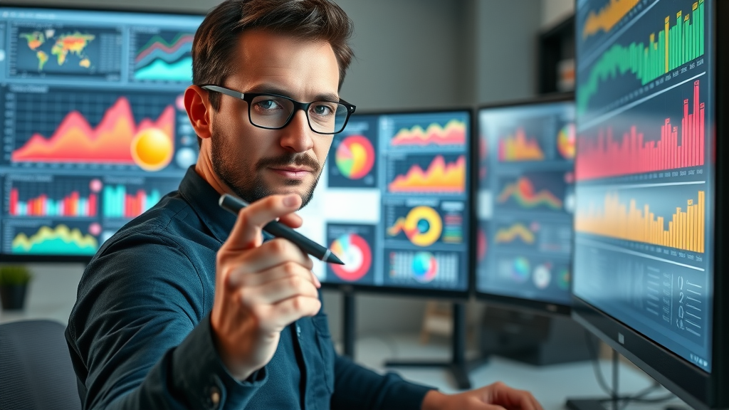 Creative infographic designer arranging colorful data visuals for website traffic without paid ads, modern workspace with monitors and animated graphs