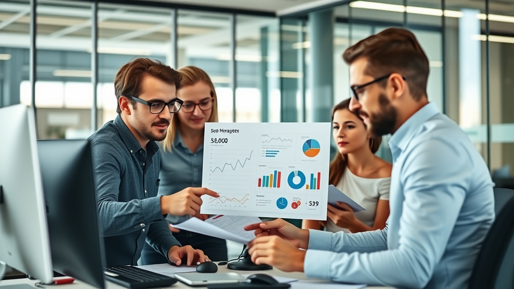 dynamic digital marketing team analyzing SEO graphs for increase organic traffic strategies in a modern office