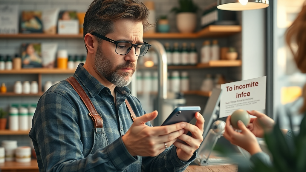 concerned small business owner reviewing mobile analytics, local pack ranking issues, incomplete business info, mobile phone at cozy shop counter, local search challenges