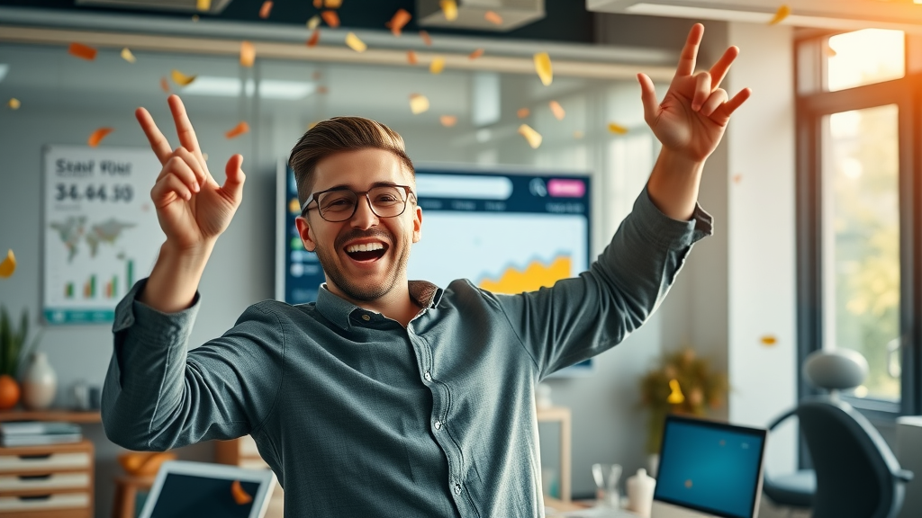 Digital marketer celebrating website traffic without paid ads, showing analytics dashboard, vibrant workspace with sunlight and confetti