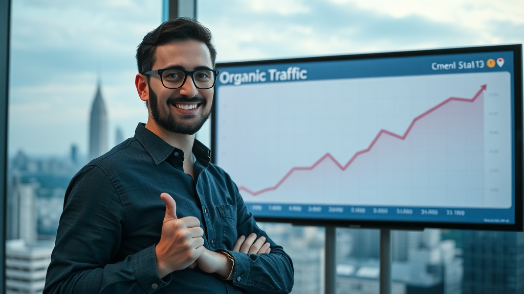 entrepreneur showing growth chart with positive organic traffic results, urban office and data dashboard
