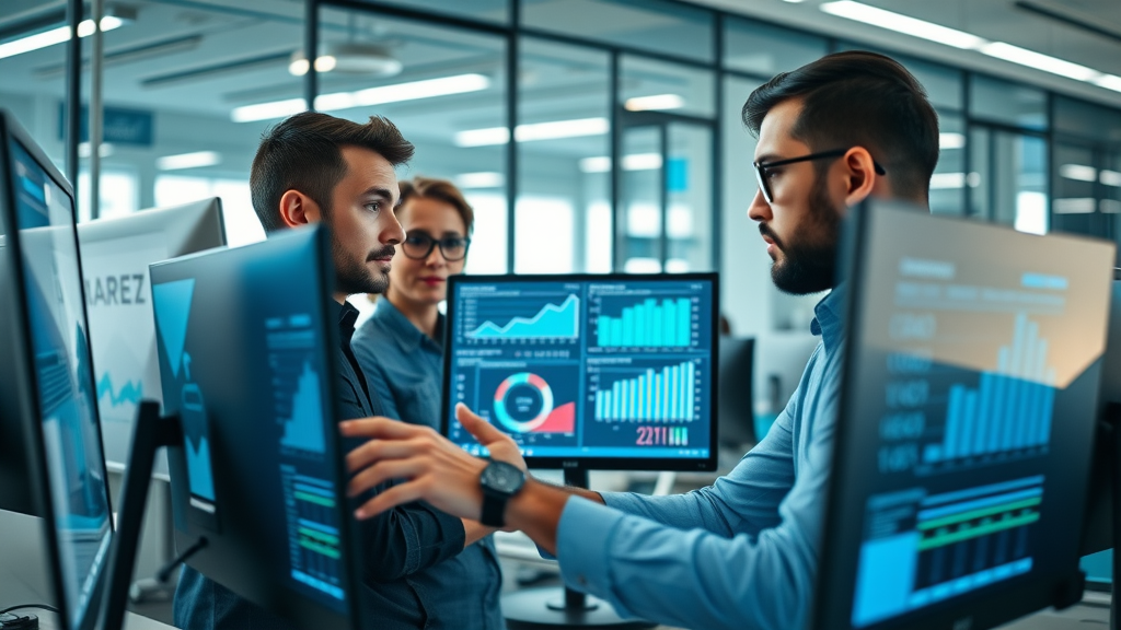 Insightful marketing team in a modern digital workspace analyzing user data and graphs for understanding user intent and conversion rates